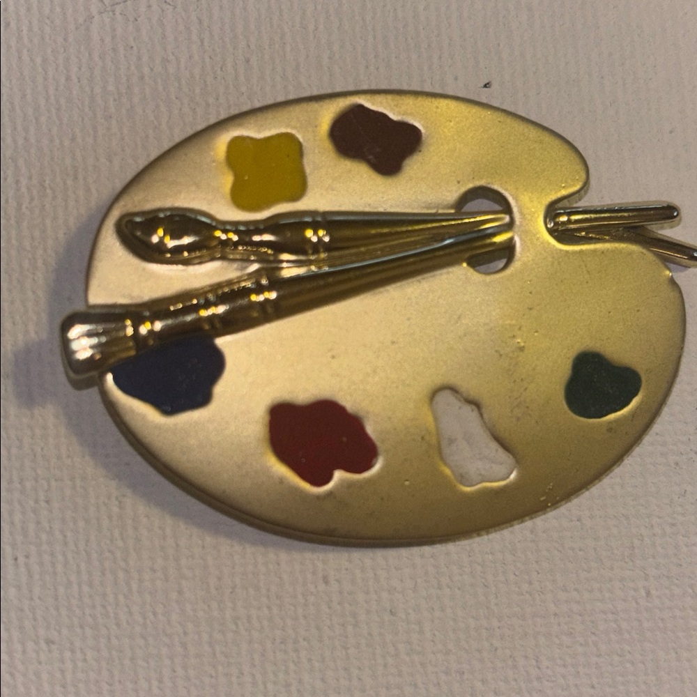 Vintage AJC Artist Palette Paint Brush Enamel Gold Tone Brooch Pin